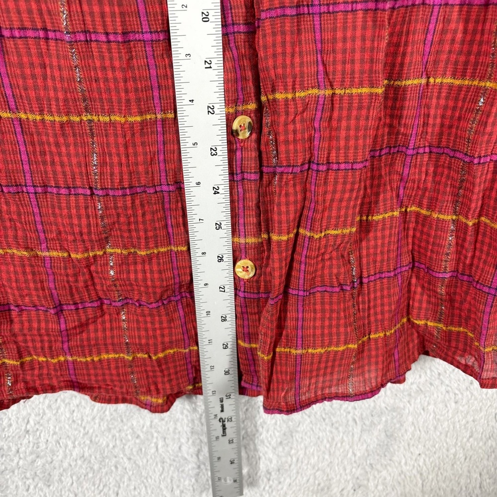 Free People Break My Stride Button Down Top Size L Red Plaid Metallic Stripe - Picture 3 of 8